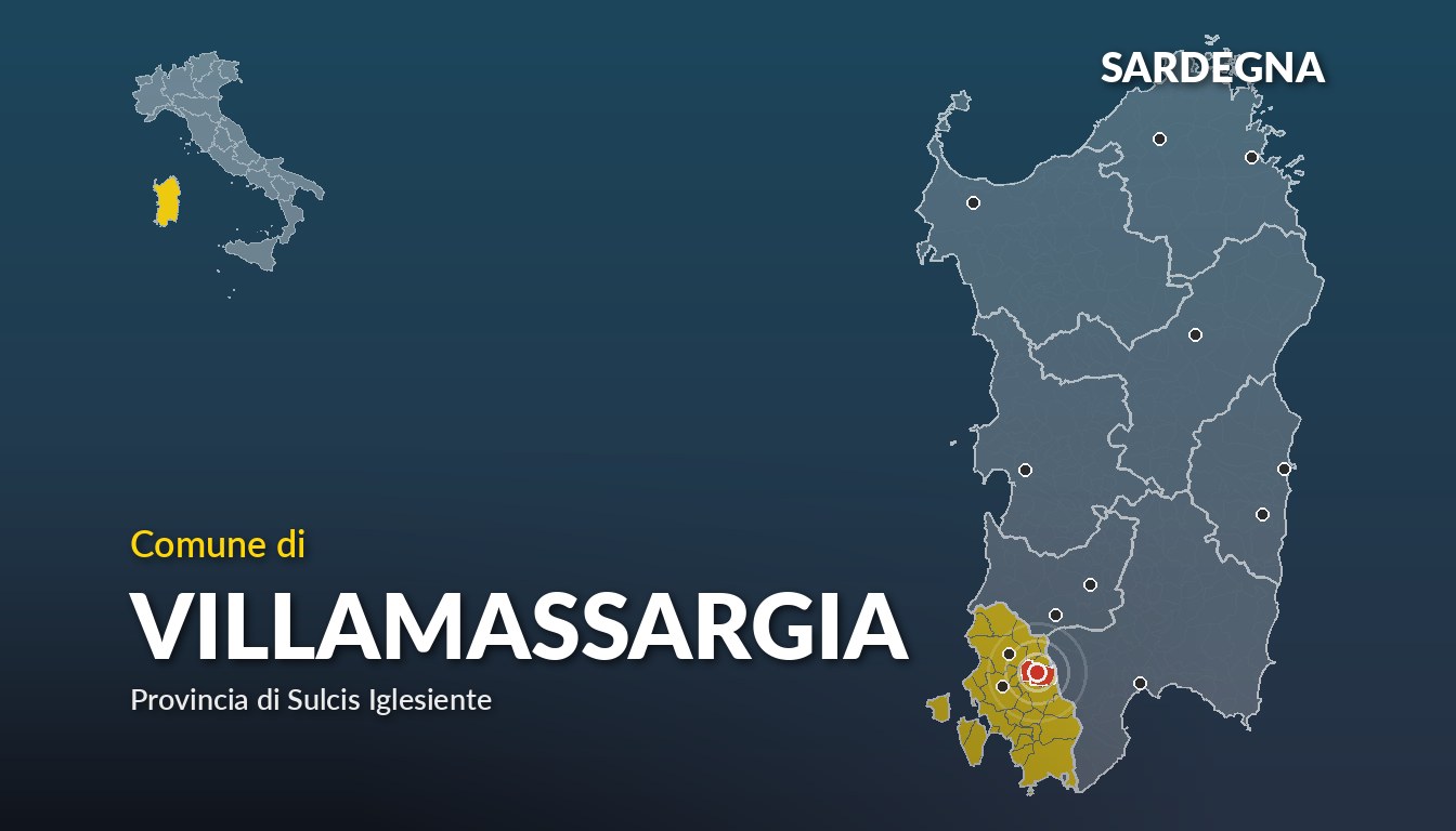Cartina del Sardegna con la posizione del comune di Villamassargia, in provincia di Sulcis Iglesiente