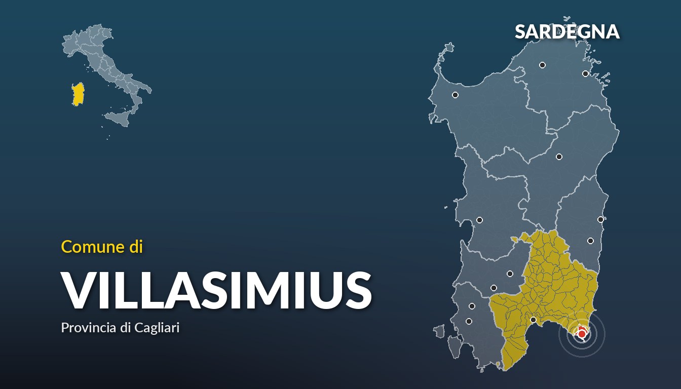 Cartina del Sardegna con la posizione del comune di Villasimius, in provincia di Cagliari