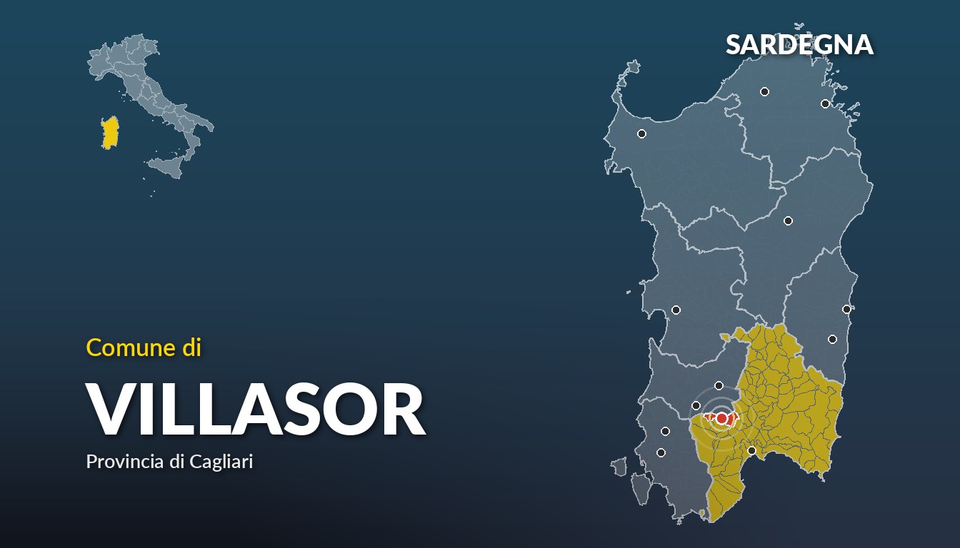 Cartina del Sardegna con la posizione del comune di Villasor, in provincia di Cagliari