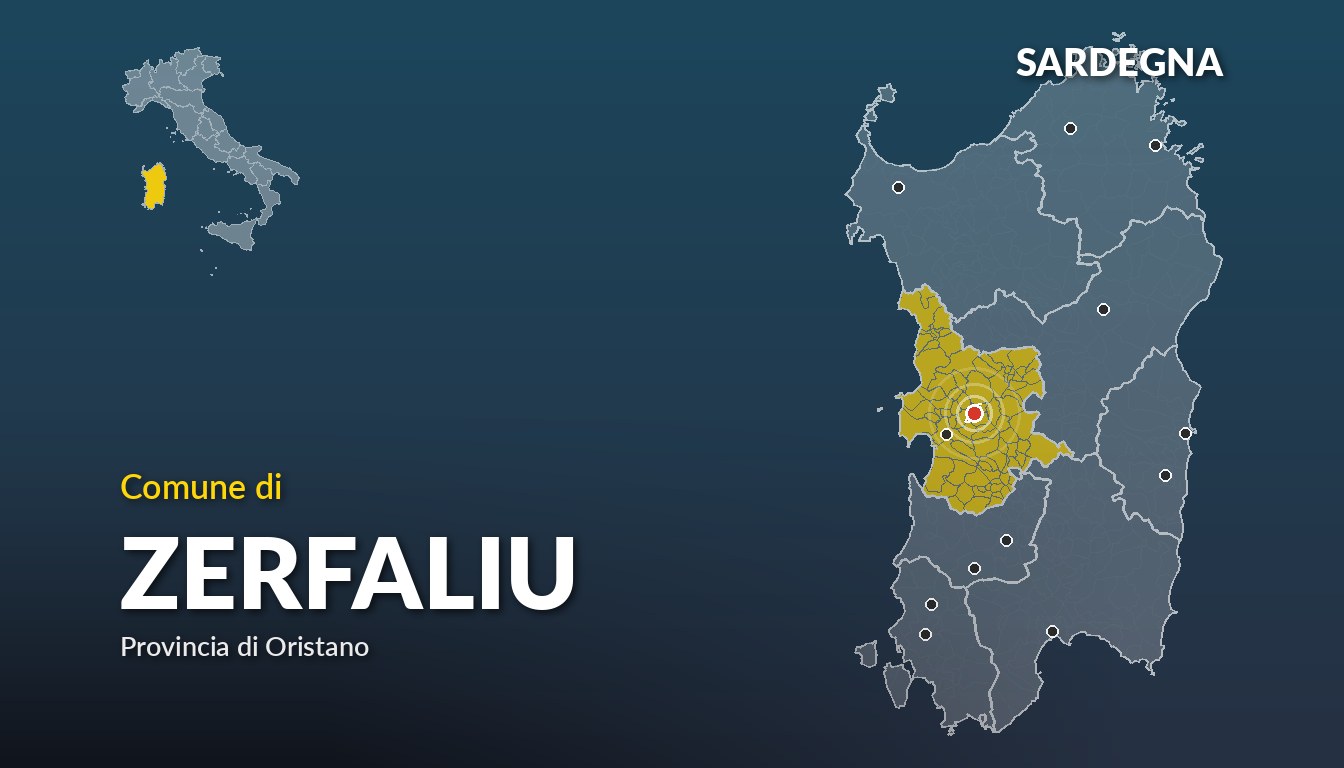 Cartina del Sardegna con la posizione del comune di Zerfaliu, in provincia di Oristano