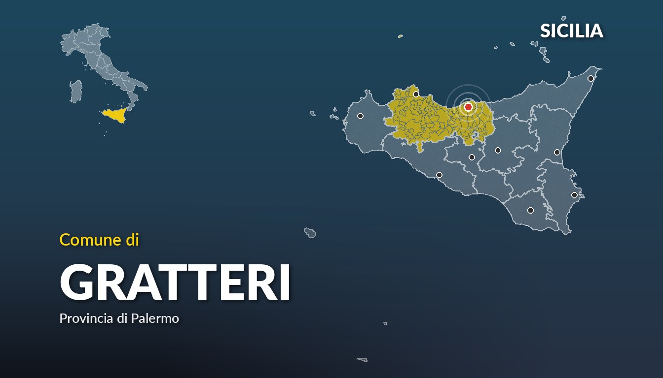 Cartina del Sicilia con la posizione del comune di Gratteri, in provincia di Palermo