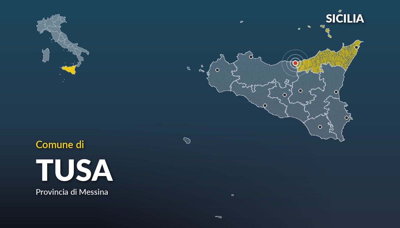 Cartina del Sicilia con la posizione del comune di Tusa, in provincia di Messina