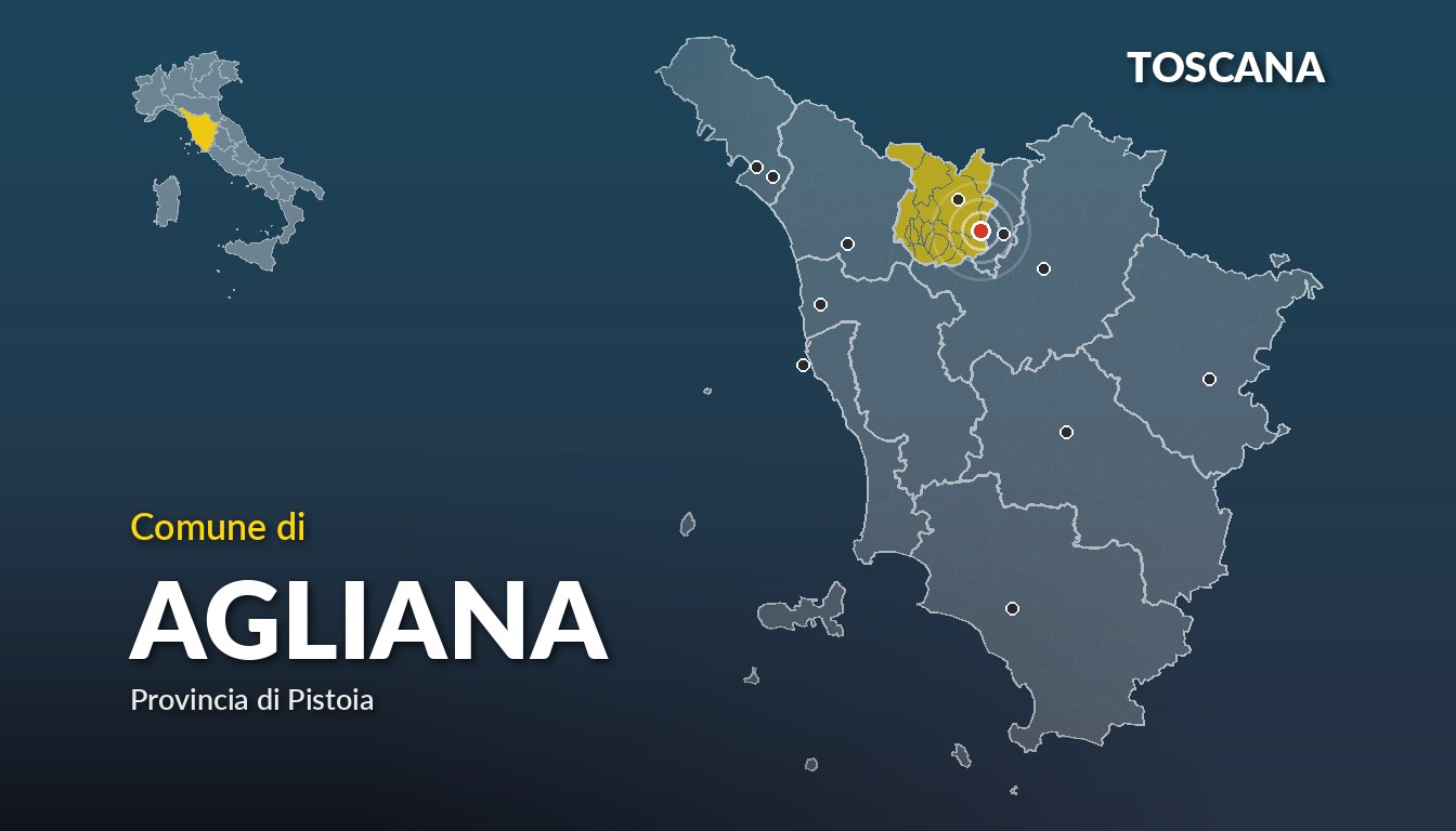 Cartina del Toscana con la posizione del comune di Agliana, in provincia di Pistoia