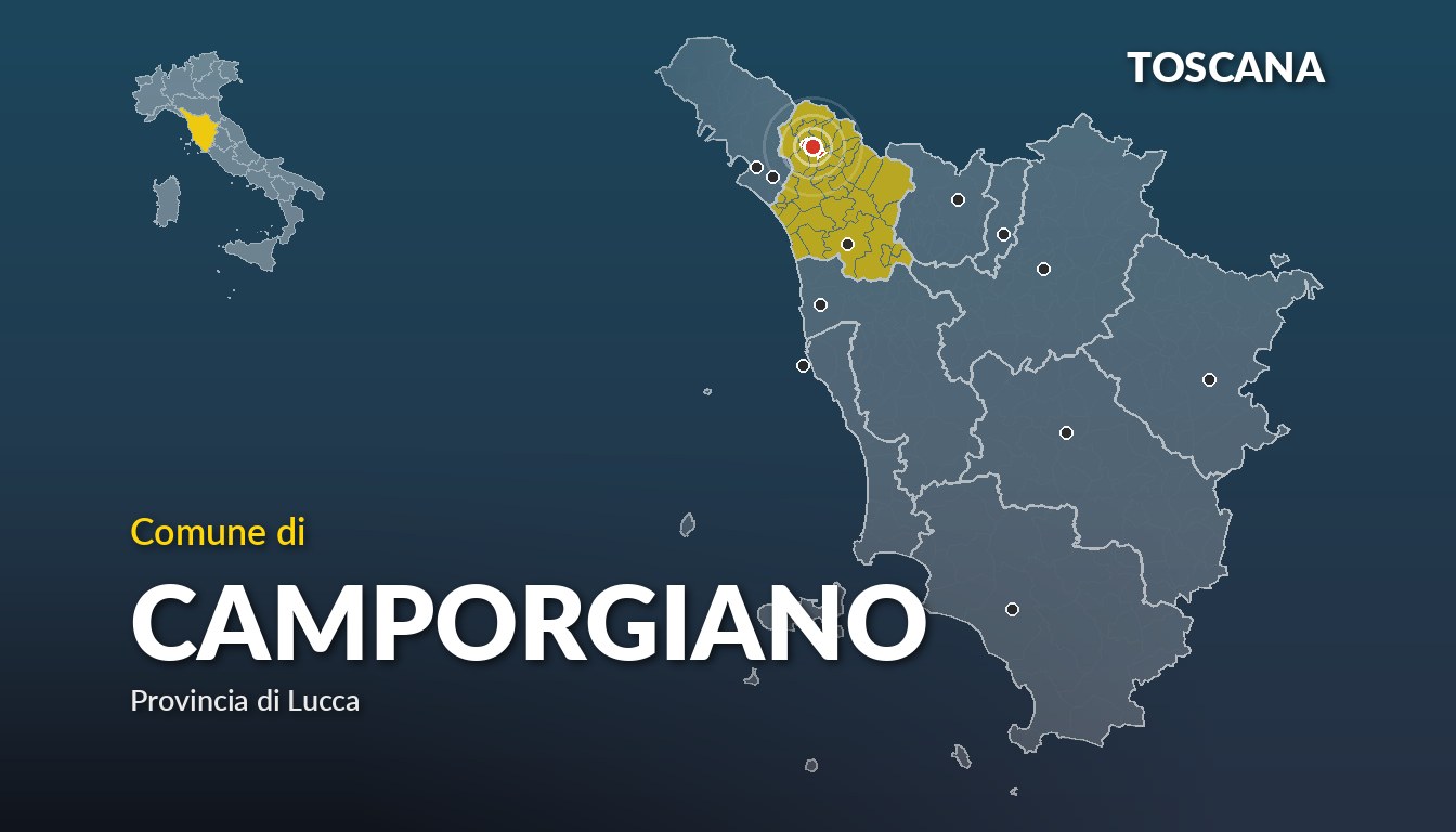 Cartina del Toscana con la posizione del comune di Camporgiano, in provincia di Lucca