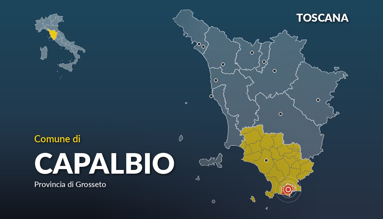 Cartina del Toscana con la posizione del comune di Capalbio, in provincia di Grosseto