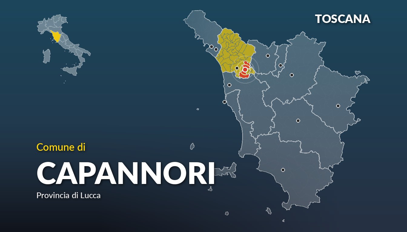 Cartina del Toscana con la posizione del comune di Capannori, in provincia di Lucca