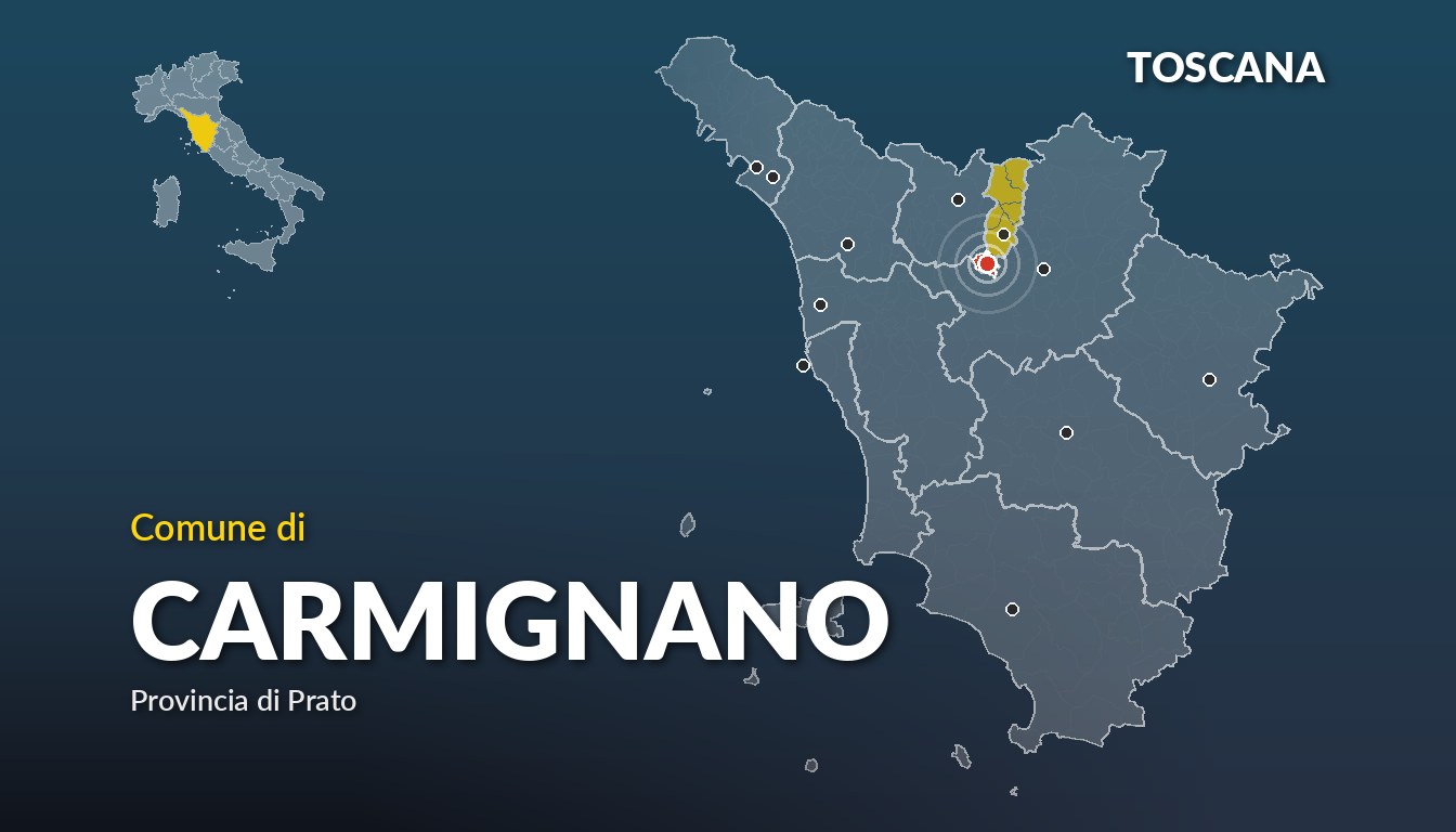Cartina del Toscana con la posizione del comune di Carmignano, in provincia di Prato