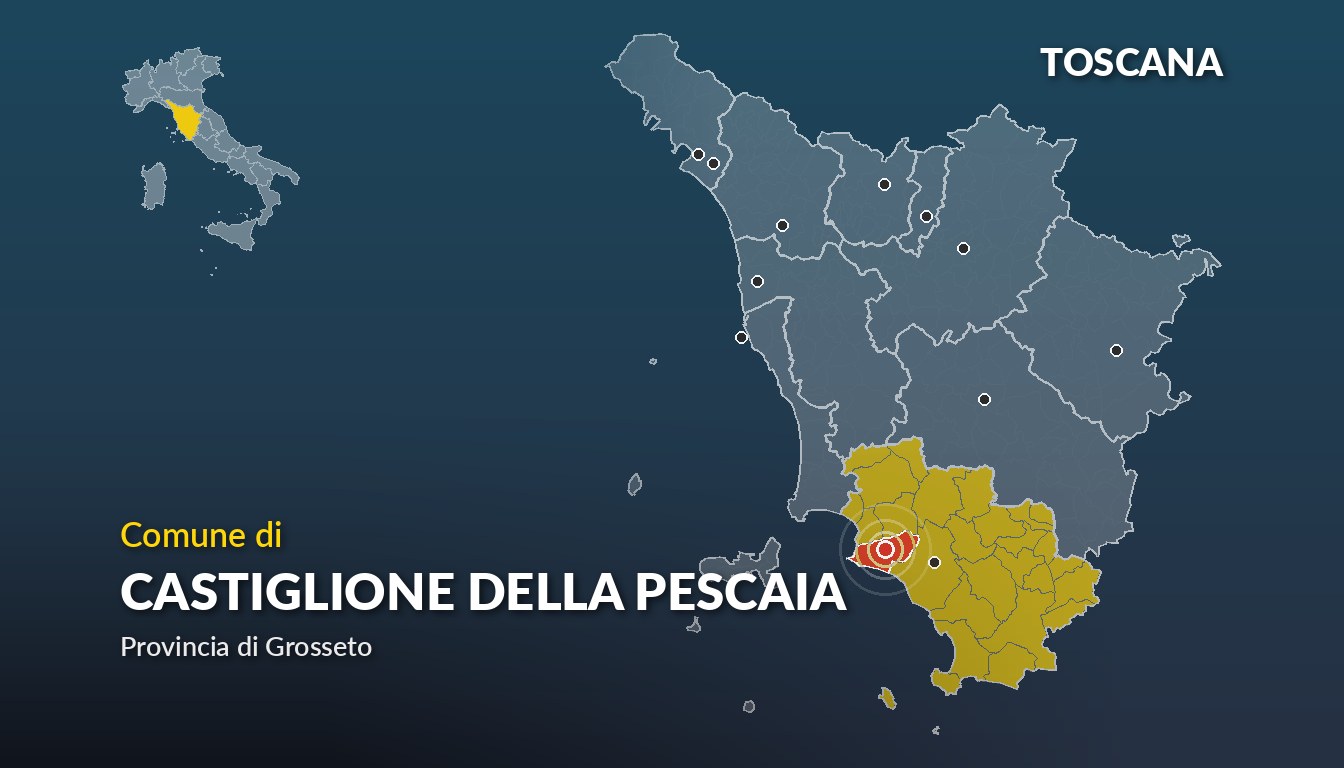 Cartina del Toscana con la posizione del comune di Castiglione della Pescaia, in provincia di Grosseto