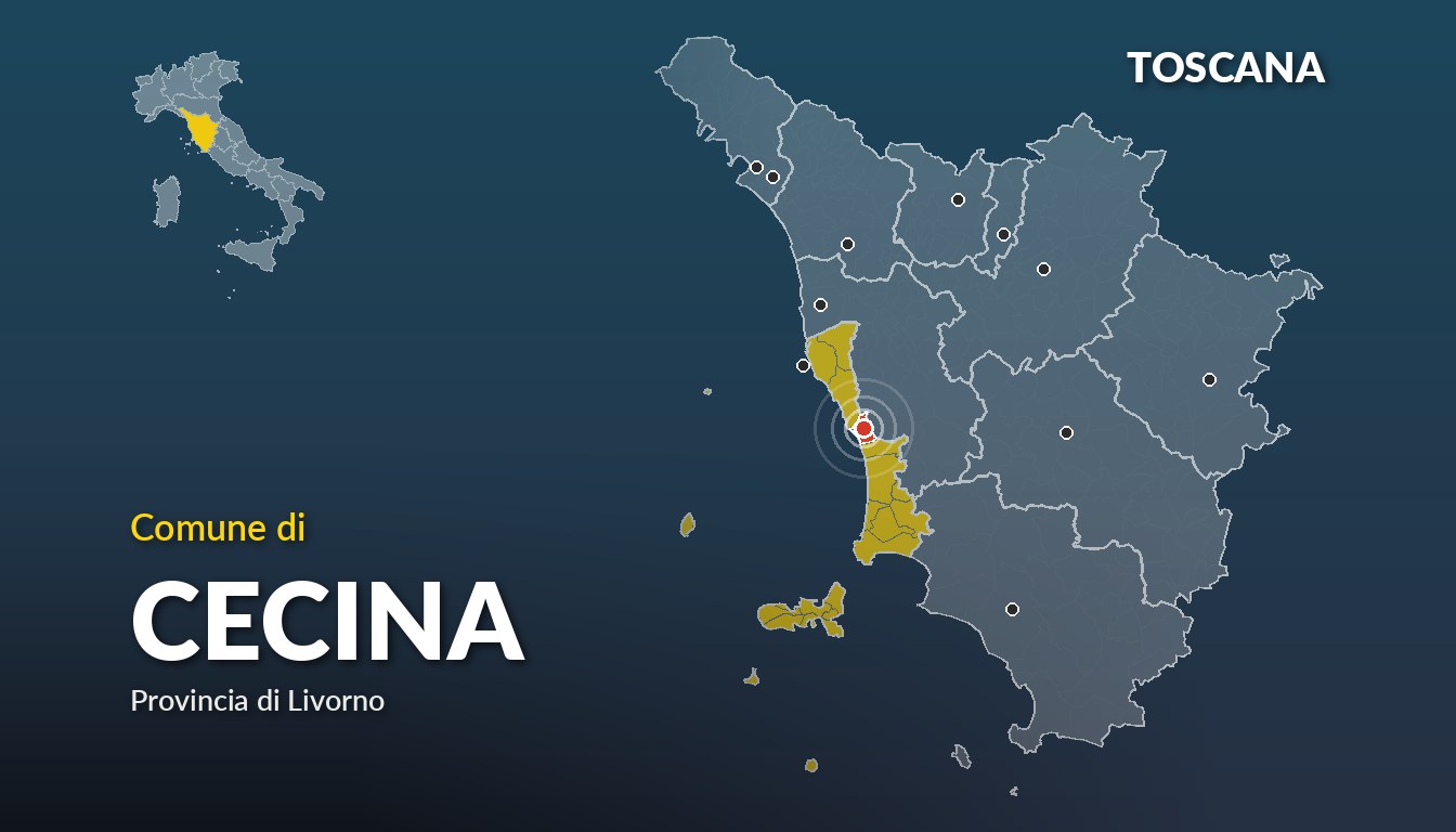 Cartina del Toscana con la posizione del comune di Cecina, in provincia di Livorno