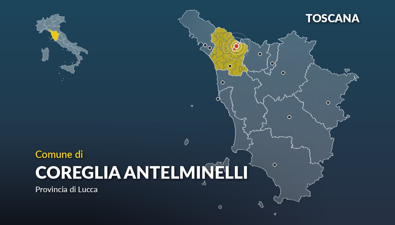 Cartina del Toscana con la posizione del comune di Coreglia Antelminelli, in provincia di Lucca