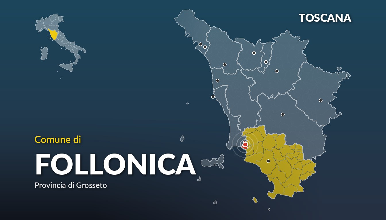 Cartina del Toscana con la posizione del comune di Follonica, in provincia di Grosseto