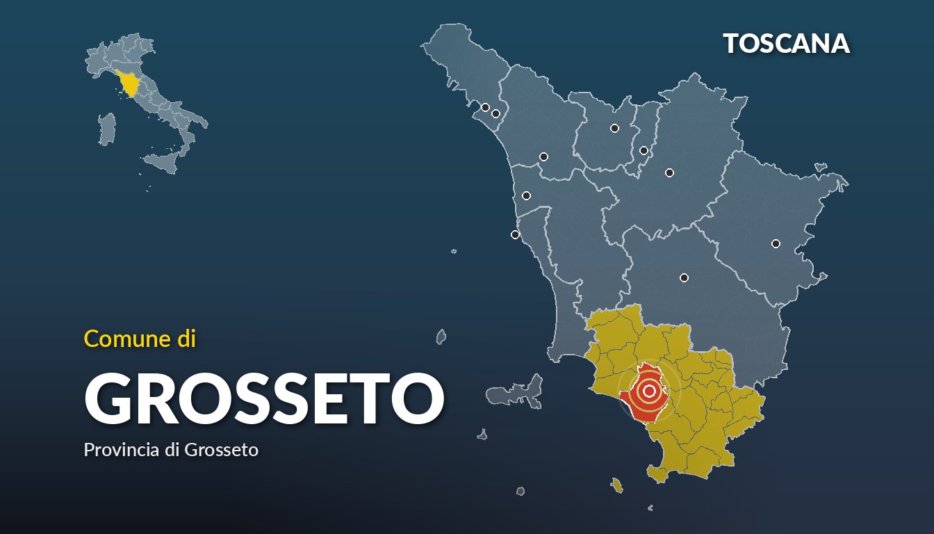 Cartina del Toscana con la posizione del comune di Grosseto, in provincia di Grosseto