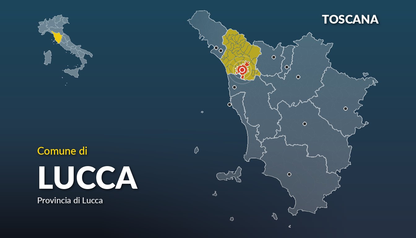 Cartina del Toscana con la posizione del comune di Lucca, in provincia di Lucca