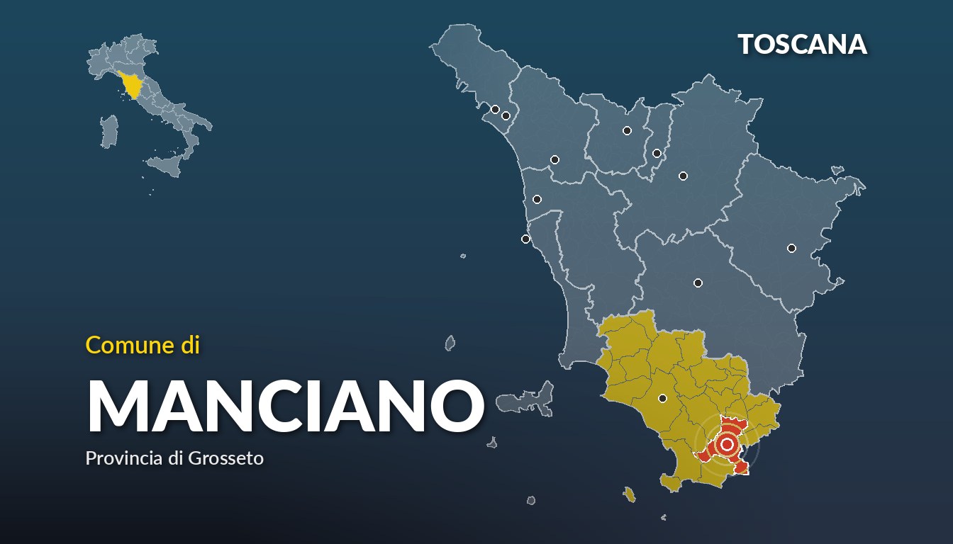 Cartina del Toscana con la posizione del comune di Manciano, in provincia di Grosseto