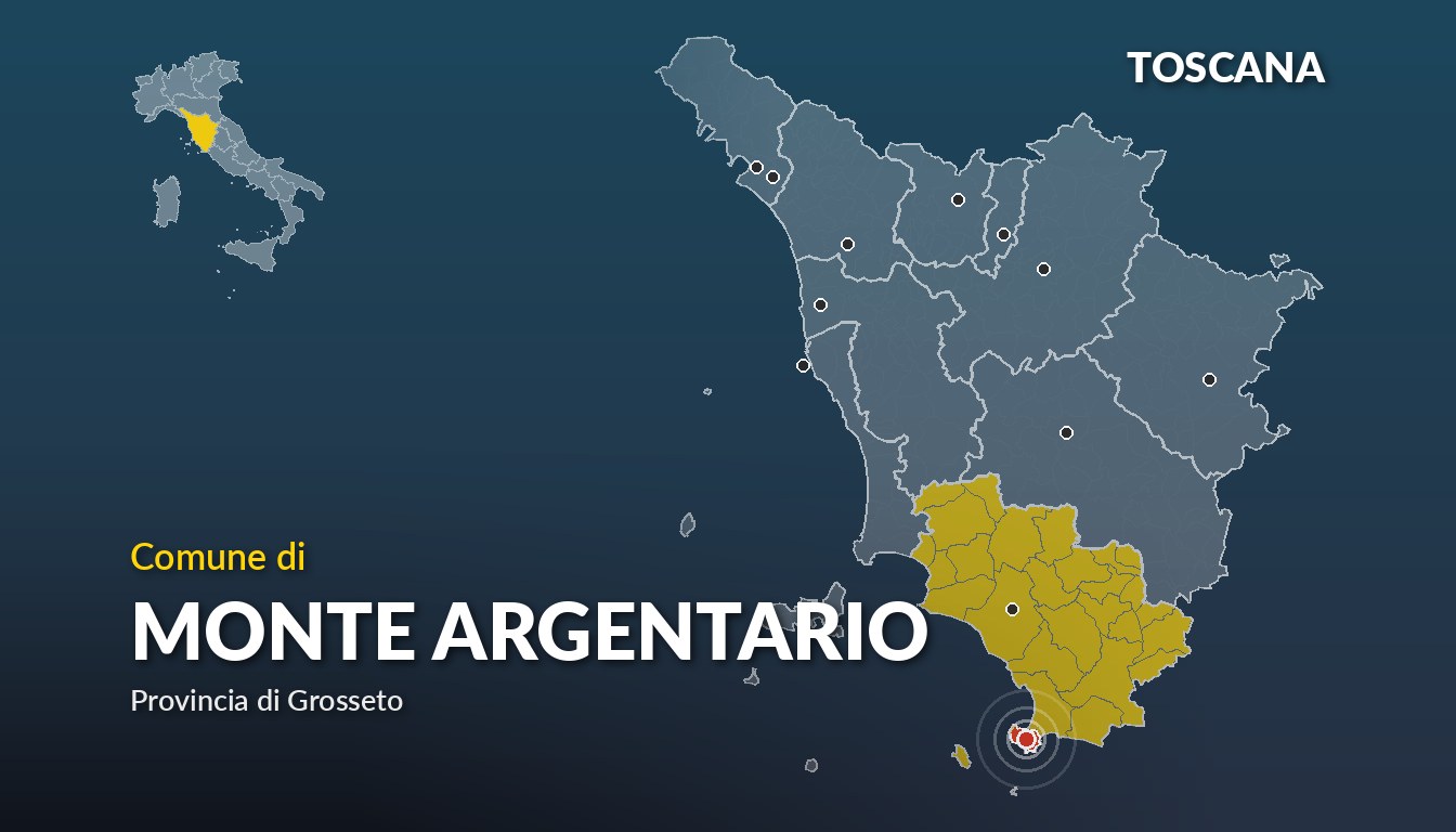 Cartina del Toscana con la posizione del comune di Monte Argentario, in provincia di Grosseto