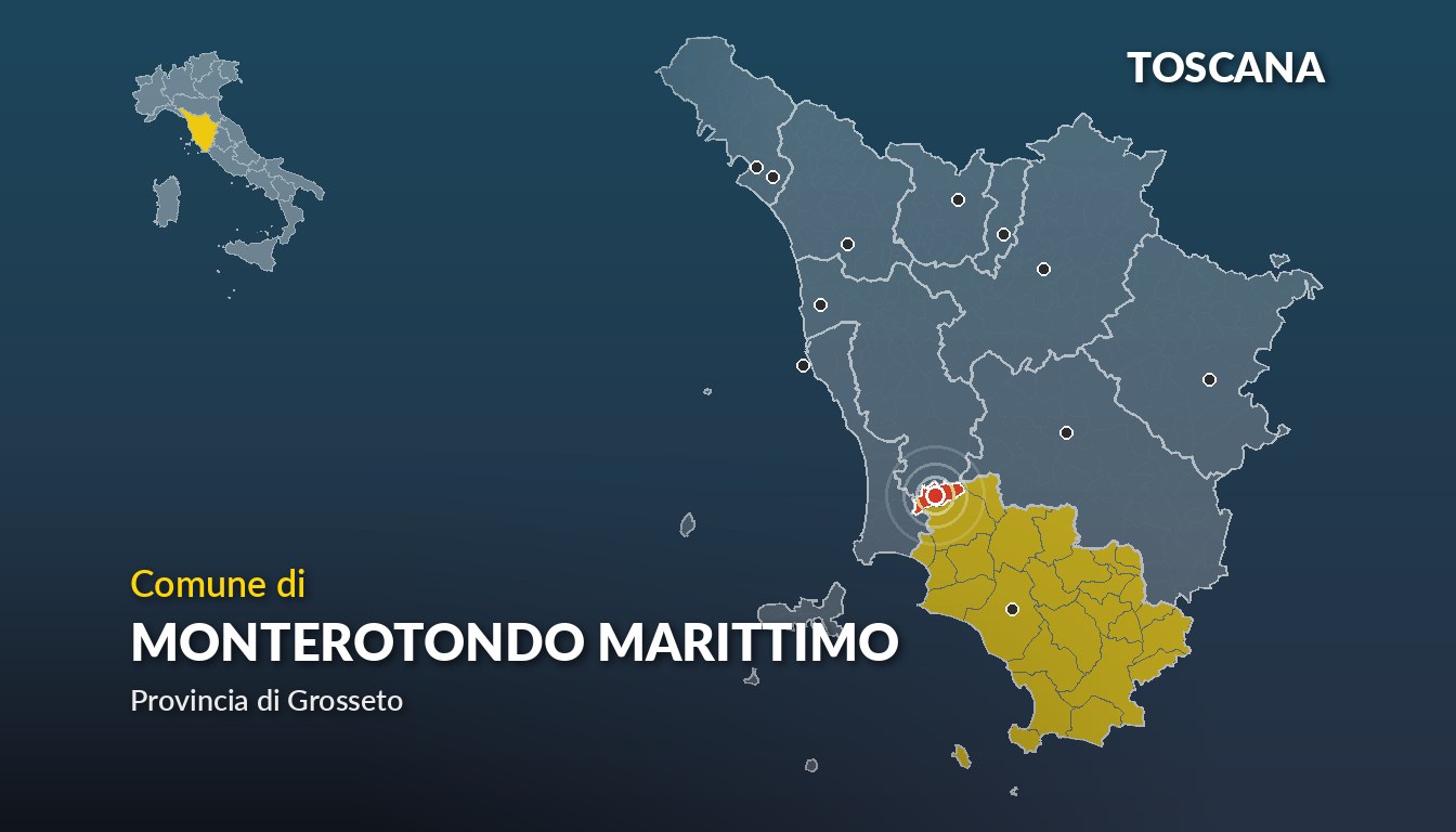 Cartina del Toscana con la posizione del comune di Monterotondo Marittimo, in provincia di Grosseto