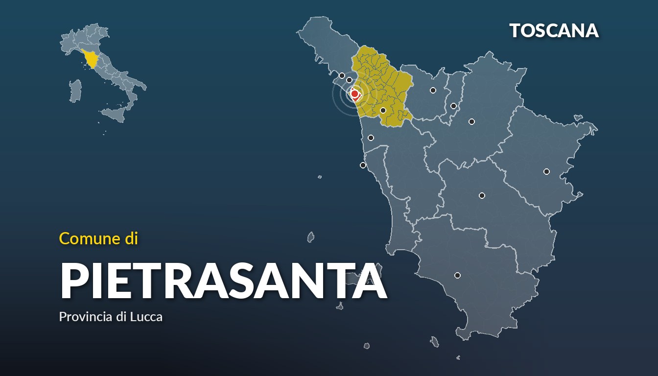 Cartina del Toscana con la posizione del comune di Pietrasanta, in provincia di Lucca
