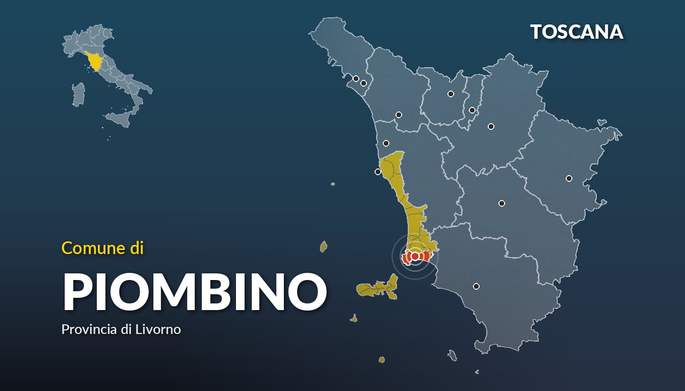 Cartina del Toscana con la posizione del comune di Piombino, in provincia di Livorno