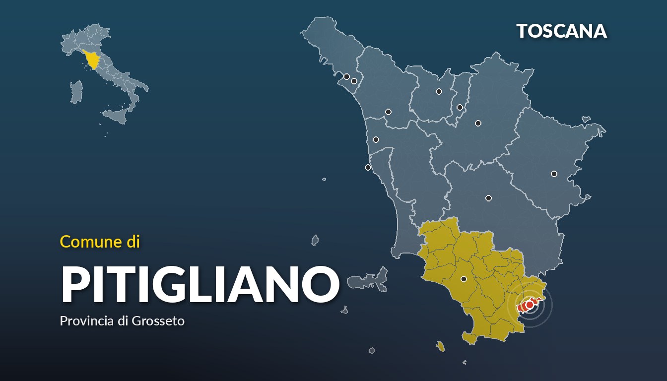 Cartina del Toscana con la posizione del comune di Pitigliano, in provincia di Grosseto