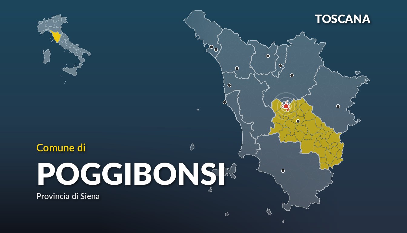 Cartina del Toscana con la posizione del comune di Poggibonsi, in provincia di Siena