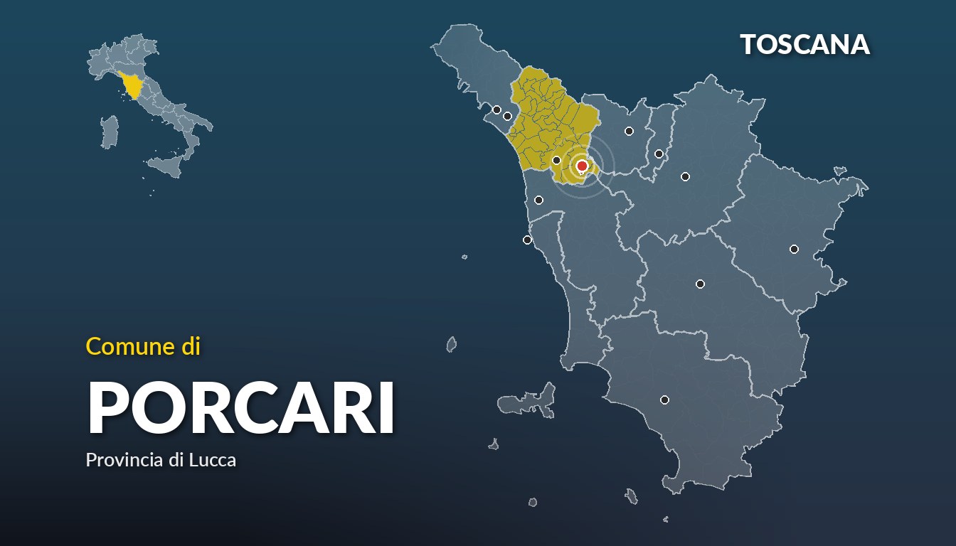 Cartina del Toscana con la posizione del comune di Porcari, in provincia di Lucca