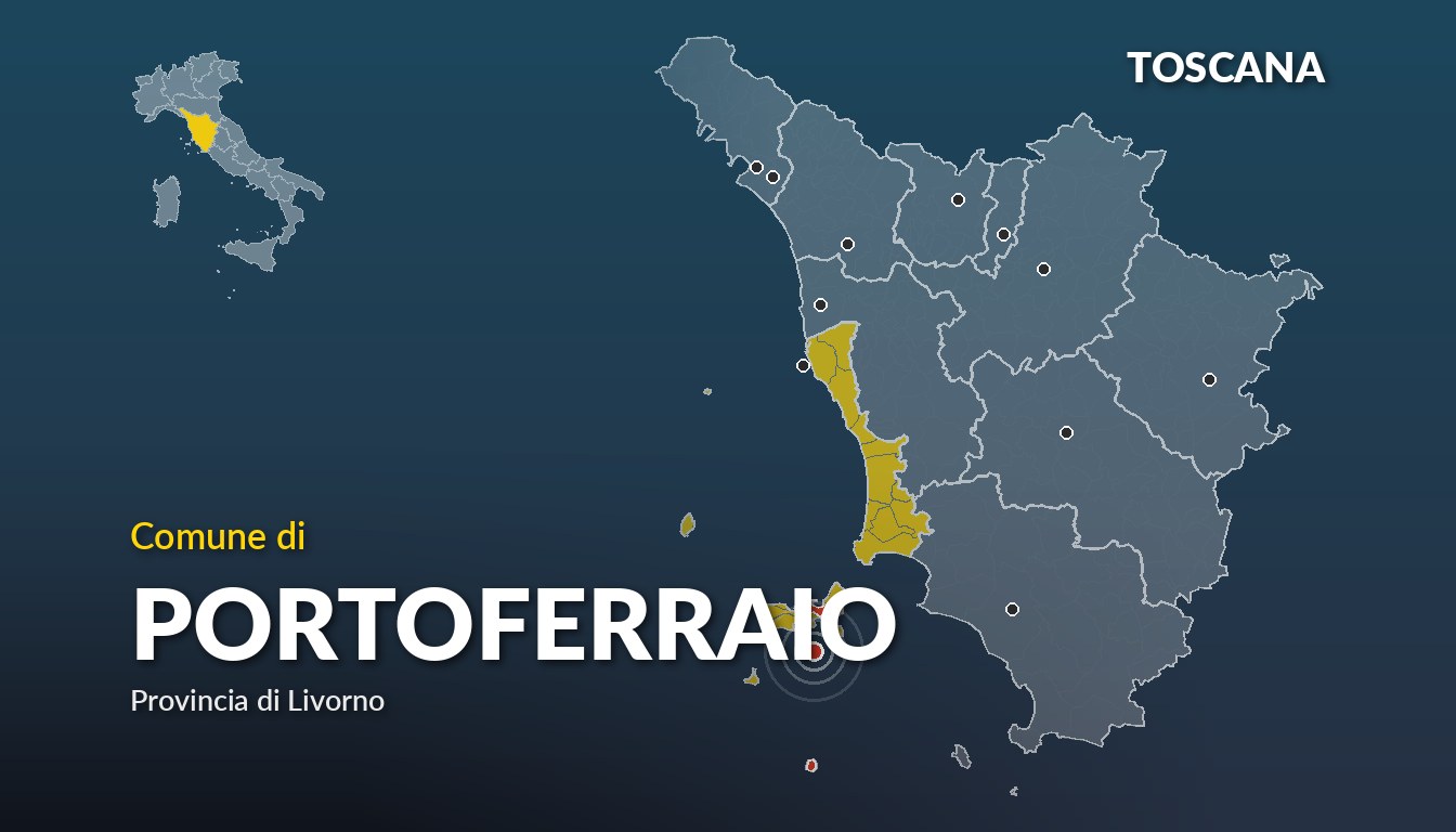 Cartina del Toscana con la posizione del comune di Portoferraio, in provincia di Livorno