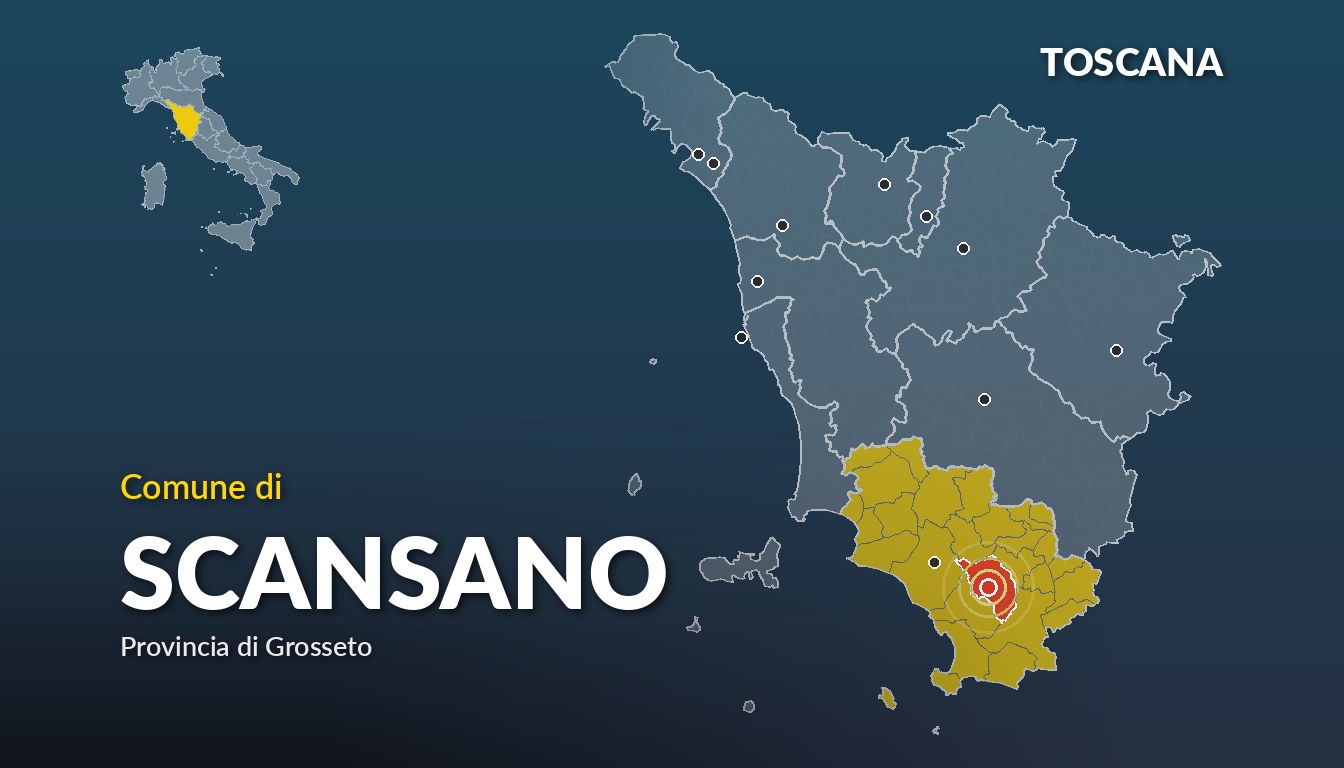 Cartina del Toscana con la posizione del comune di Scansano, in provincia di Grosseto
