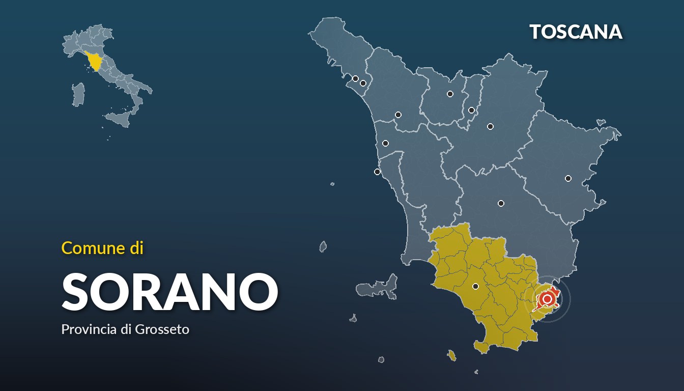 Cartina del Toscana con la posizione del comune di Sorano, in provincia di Grosseto