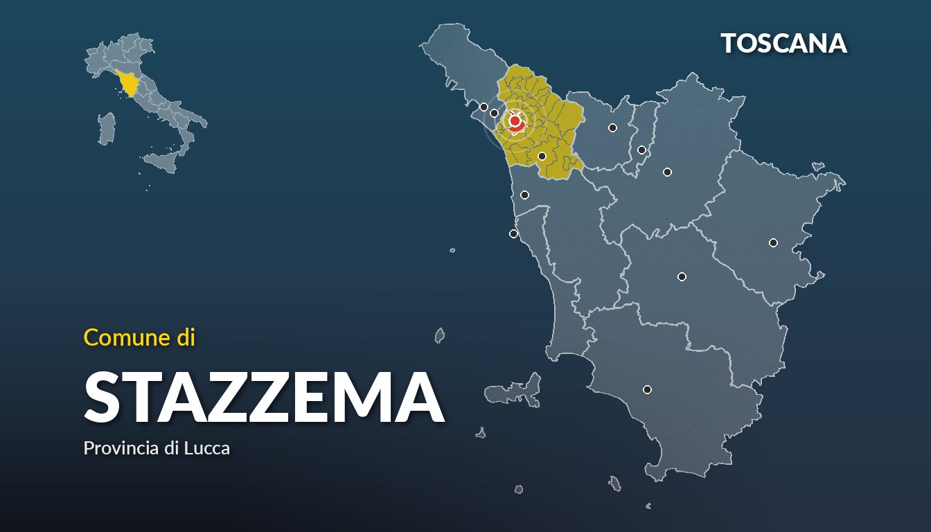 Cartina del Toscana con la posizione del comune di Stazzema, in provincia di Lucca