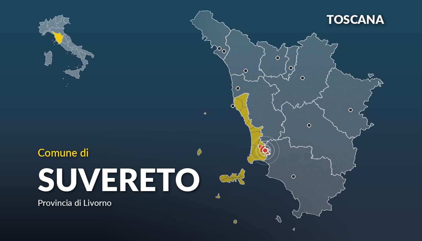 Cartina del Toscana con la posizione del comune di Suvereto, in provincia di Livorno