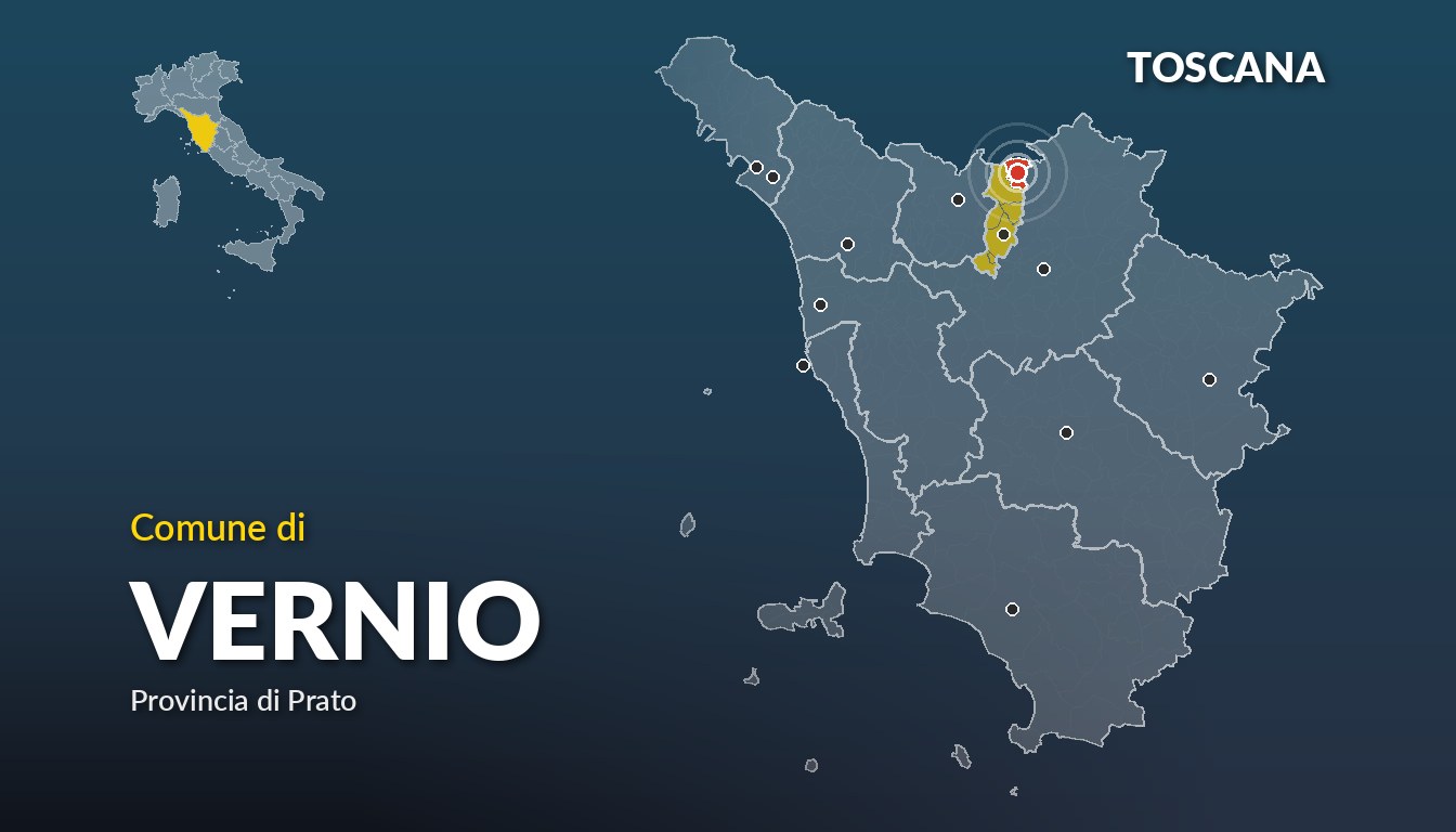 Cartina del Toscana con la posizione del comune di Vernio, in provincia di Prato