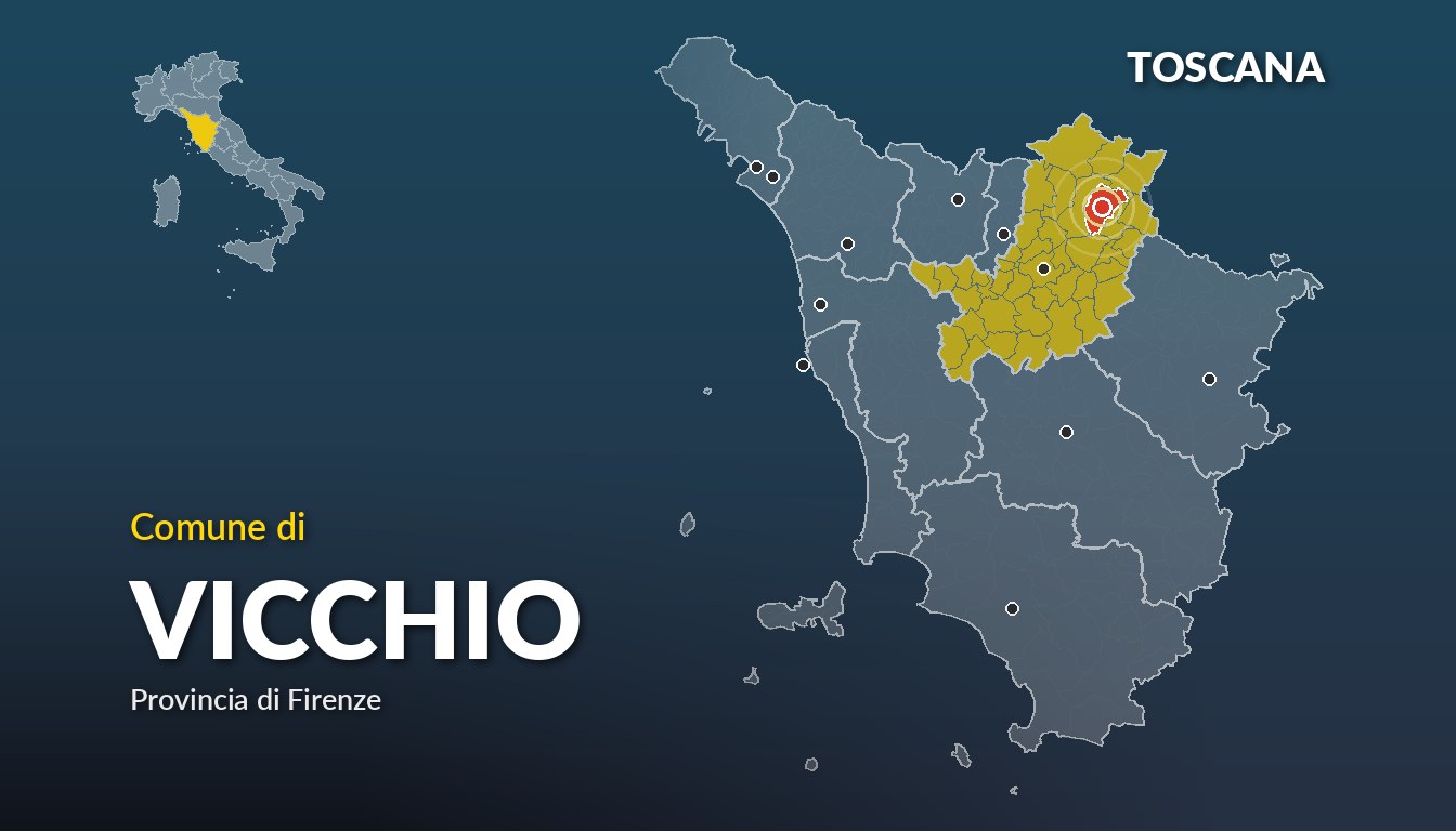 Cartina del Toscana con la posizione del comune di Vicchio, in provincia di Firenze