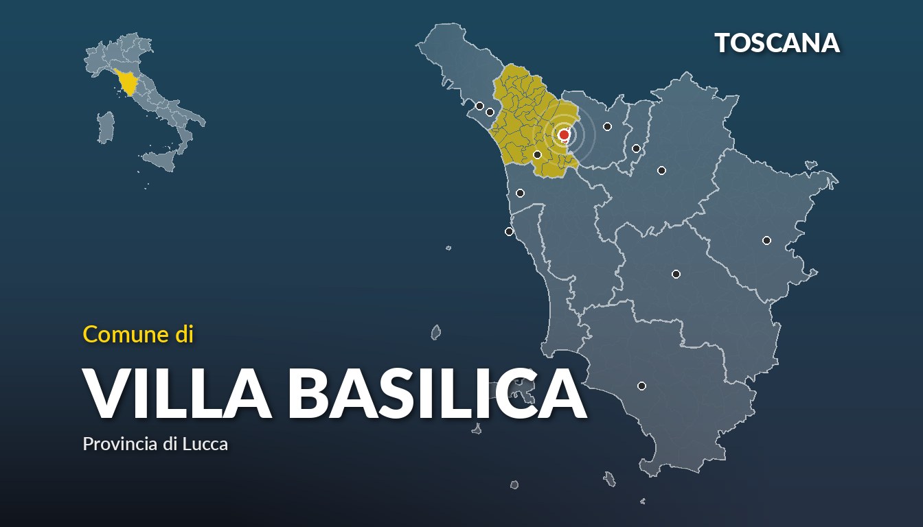 Cartina del Toscana con la posizione del comune di Villa Basilica, in provincia di Lucca