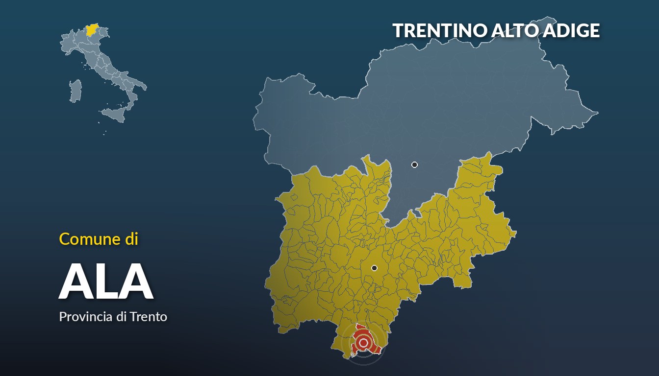 Cartina del Trentino Alto Adige con la posizione del comune di Ala, in provincia di Trento