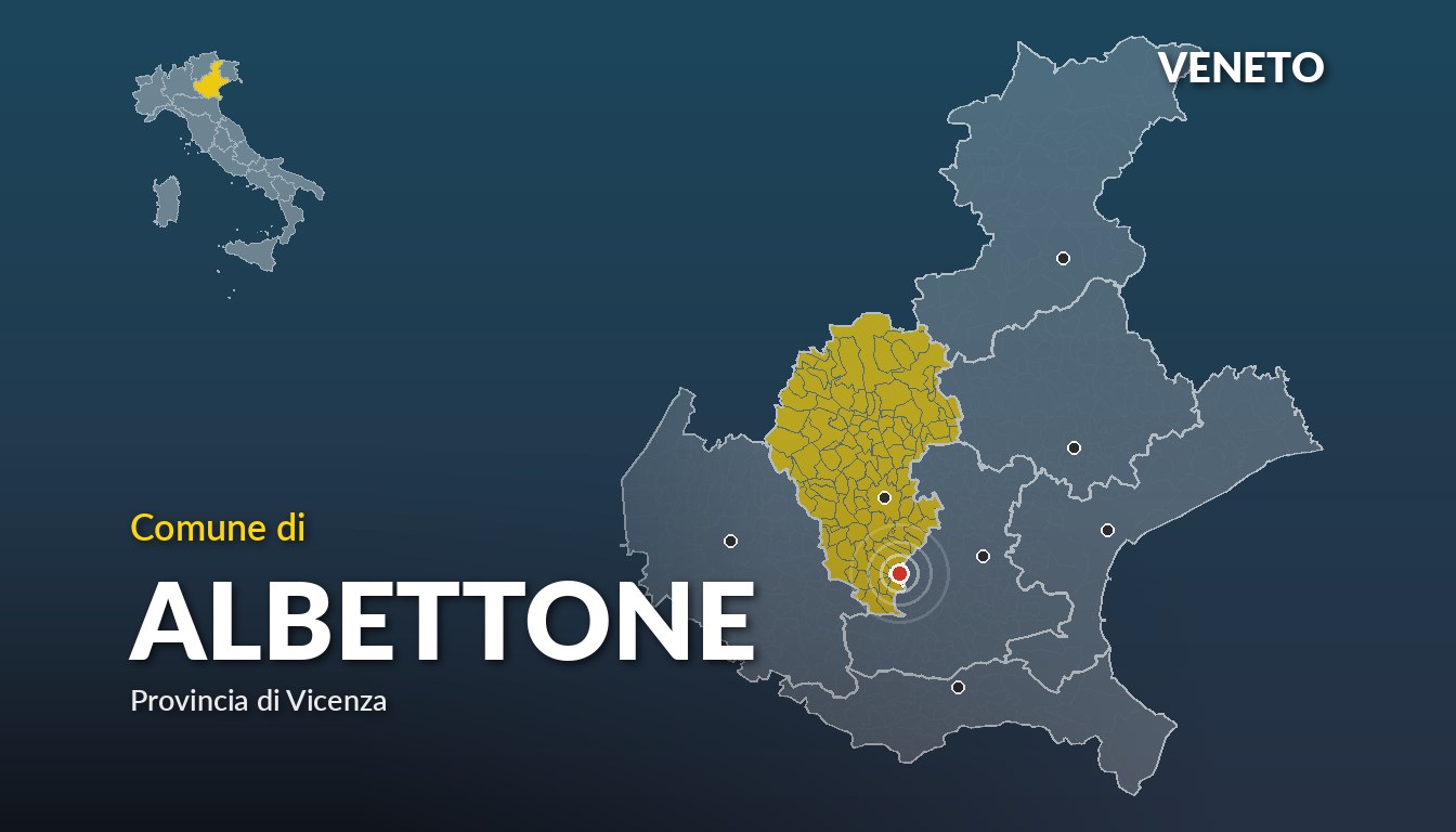 Cartina del Veneto con la posizione del comune di Albettone, in provincia di Vicenza