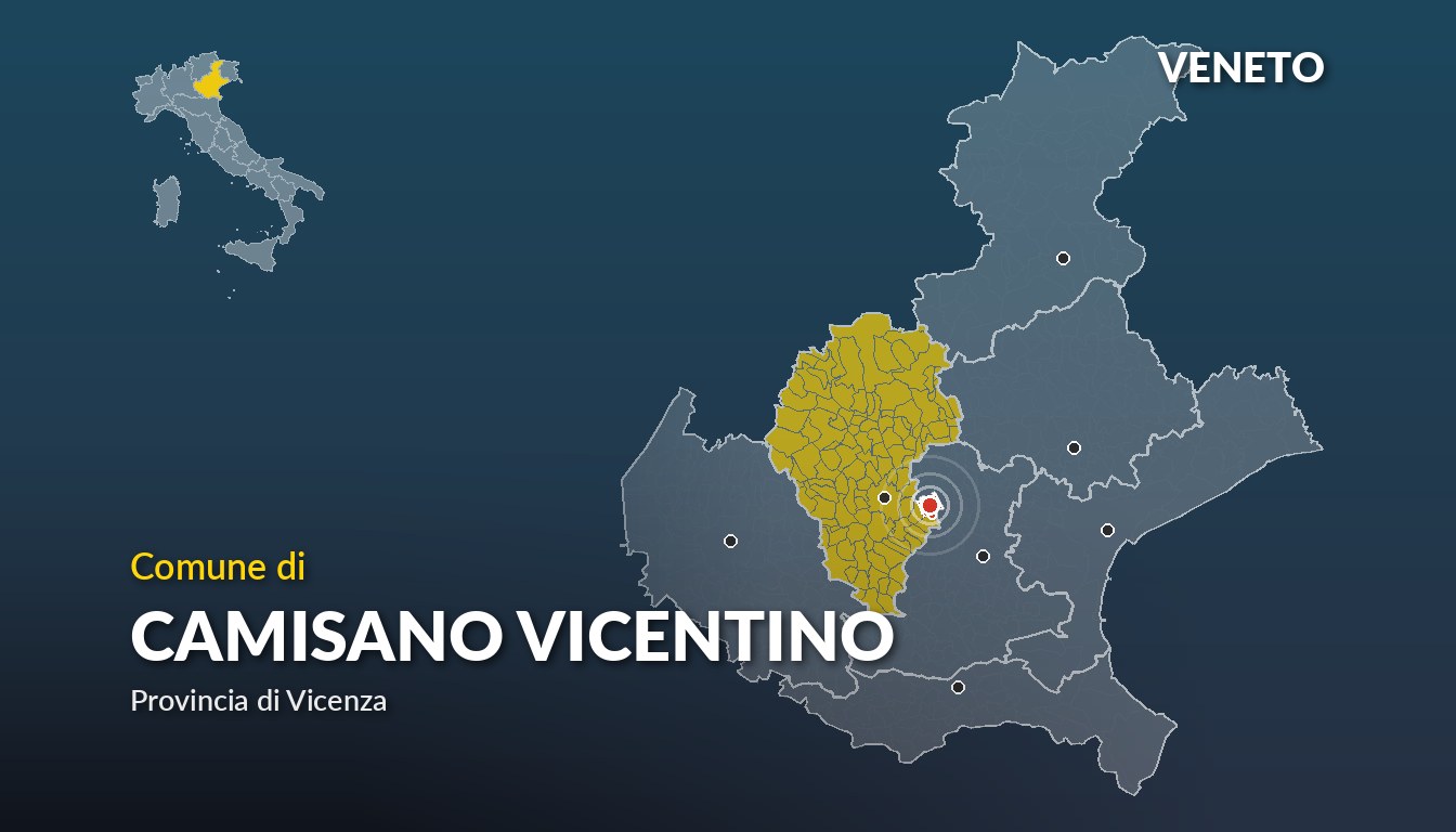 Cartina del Veneto con la posizione del comune di Camisano Vicentino, in provincia di Vicenza