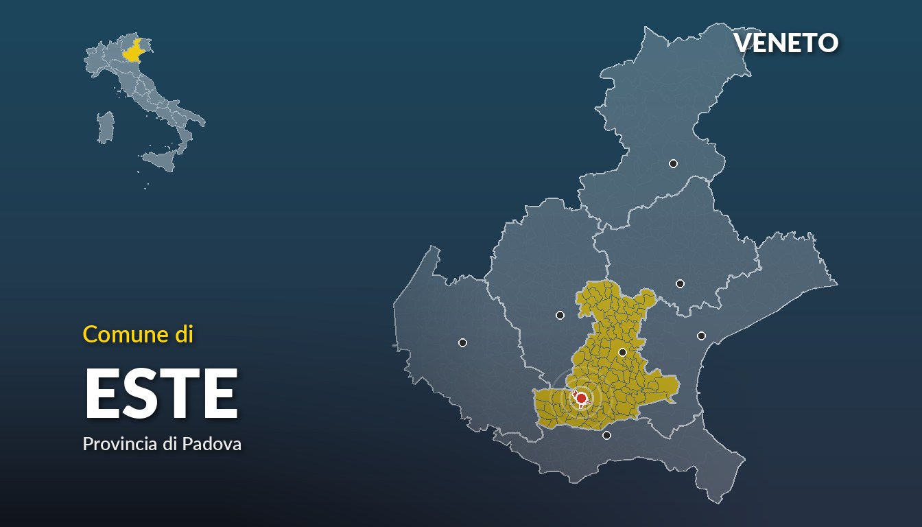 Cartina del Veneto con la posizione del comune di Este, in provincia di Padova