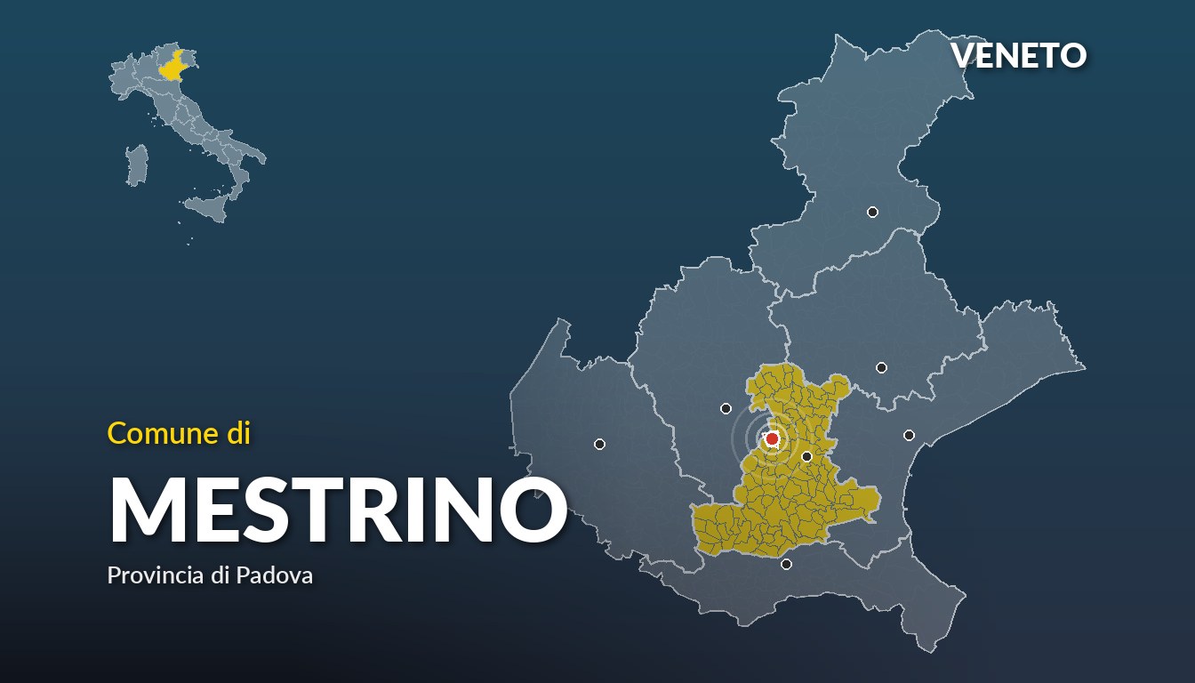 Cartina del Veneto con la posizione del comune di Mestrino, in provincia di Padova