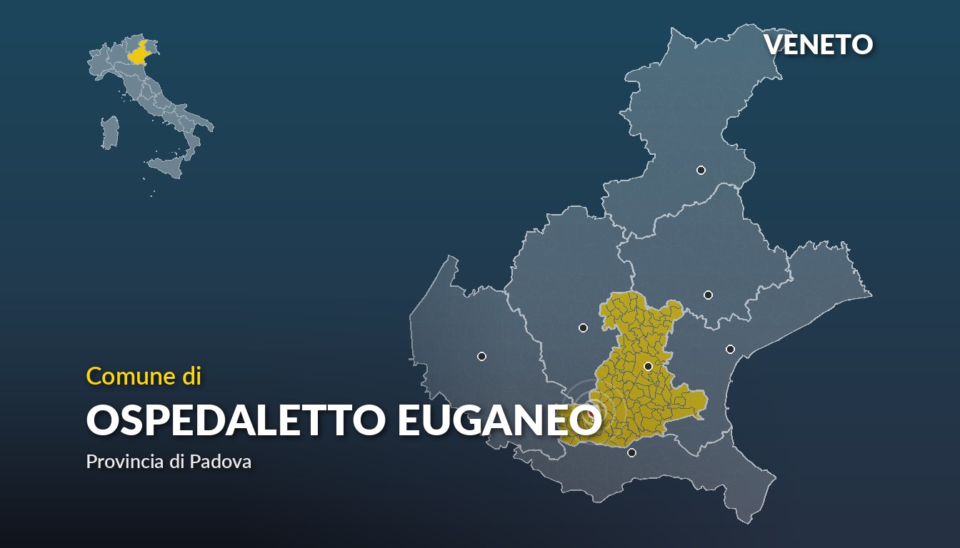 Cartina del Veneto con la posizione del comune di Ospedaletto Euganeo, in provincia di Padova