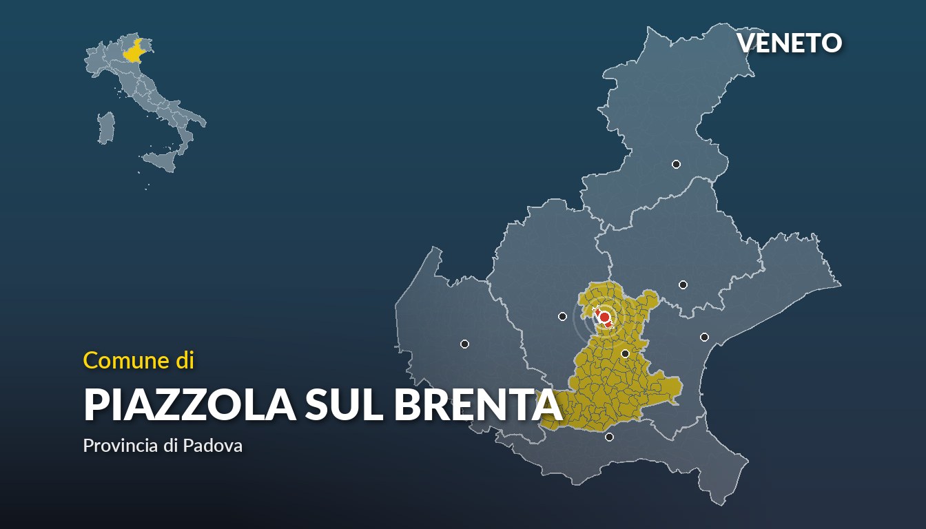 Cartina del Veneto con la posizione del comune di Piazzola sul Brenta, in provincia di Padova