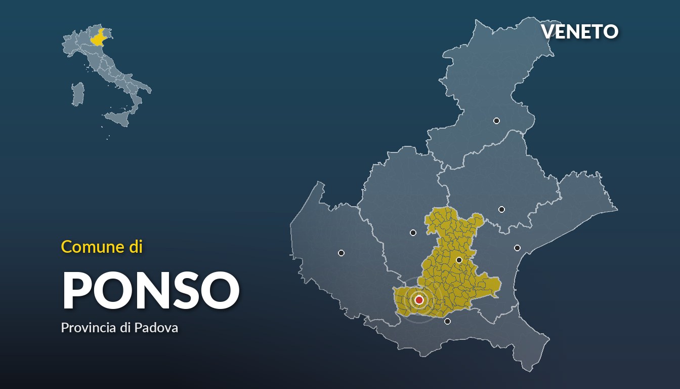 Cartina del Veneto con la posizione del comune di Ponso, in provincia di Padova