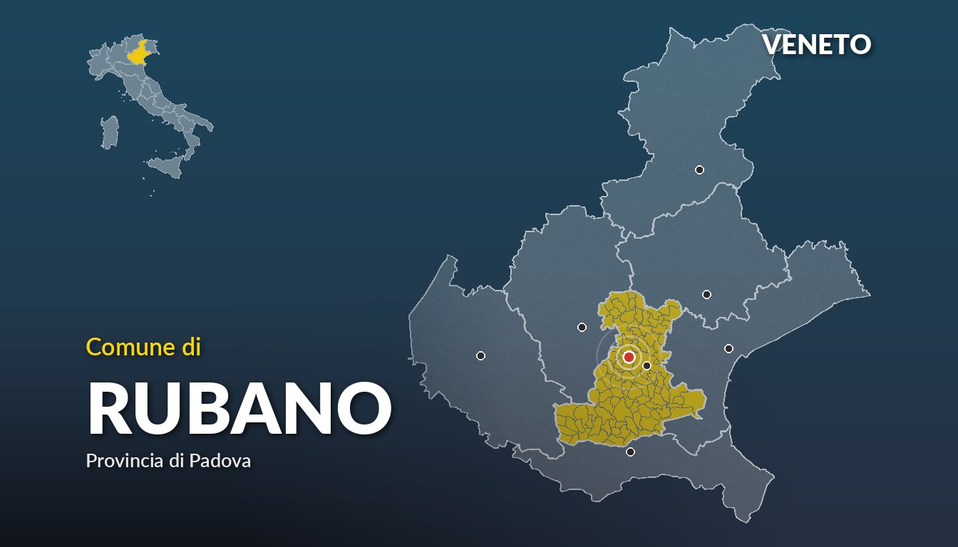 Cartina del Veneto con la posizione del comune di Rubano, in provincia di Padova