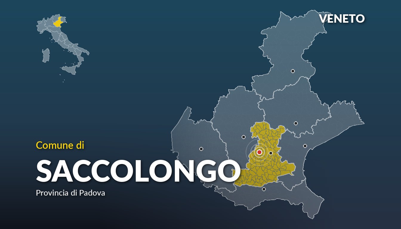 Cartina del Veneto con la posizione del comune di Saccolongo, in provincia di Padova