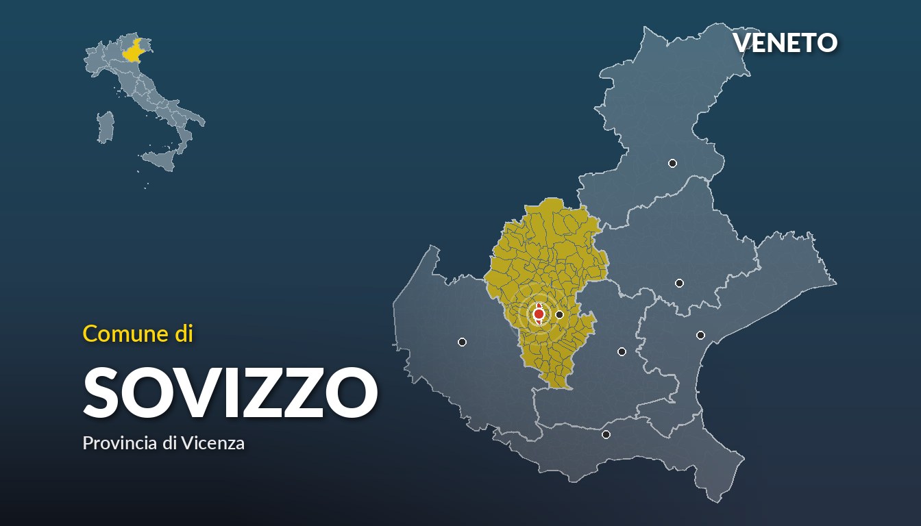 Cartina del Veneto con la posizione del comune di Sovizzo, in provincia di Vicenza
